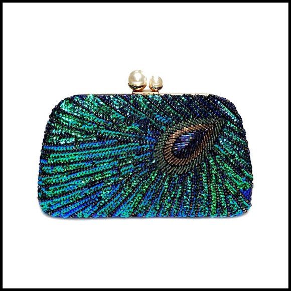 Vintage Sequin Clutch Evening Bag Elegant Sparkly Bridal Purse Peacock Design